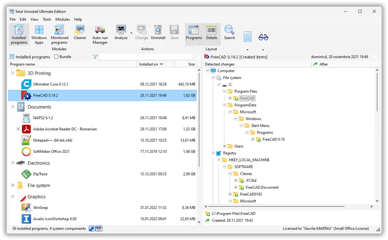 Detected changes made by the analyzed program