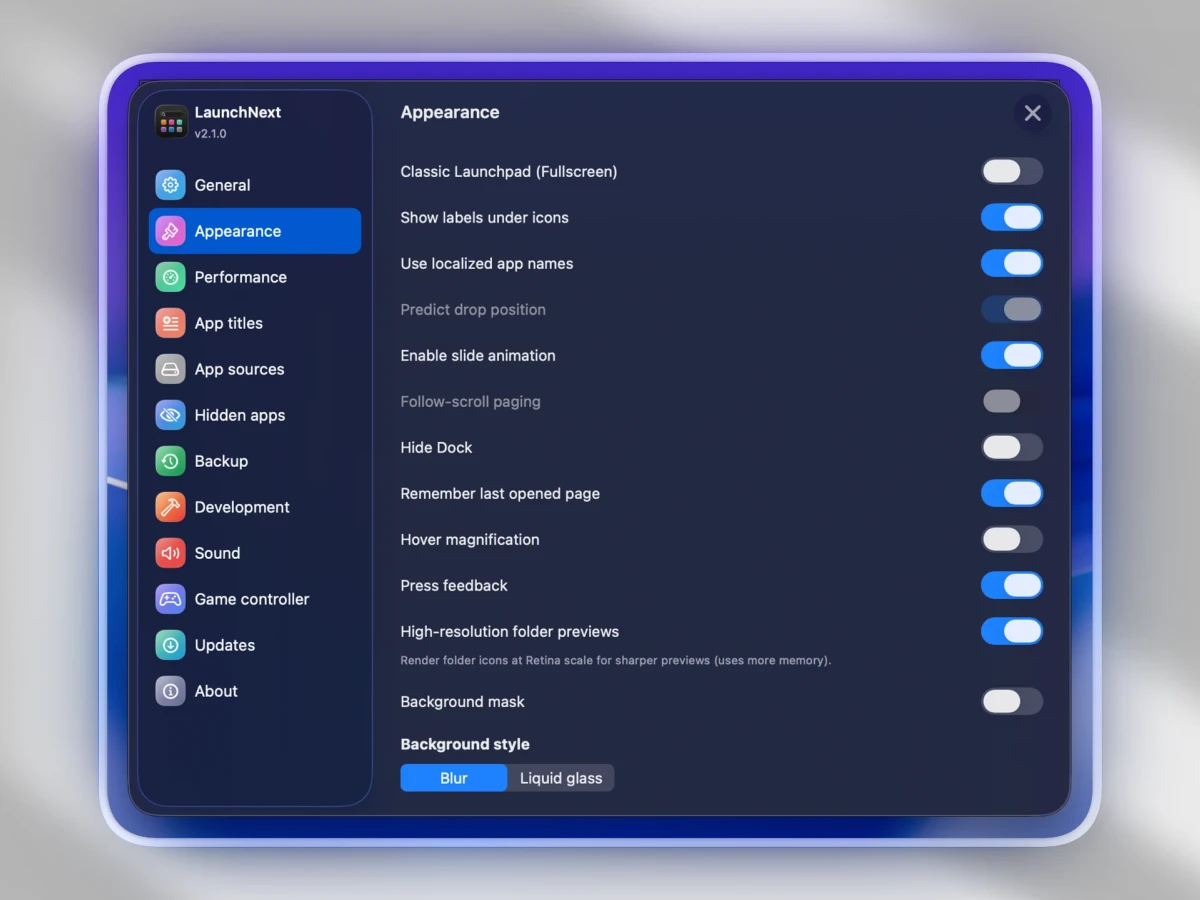 LaunchNext settings interface